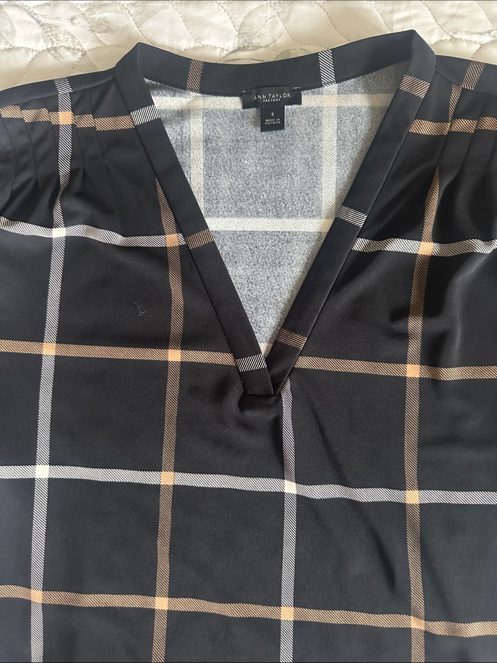 Ann Taylor Black Plaid V-Neck Top with Tan and White Windowpane